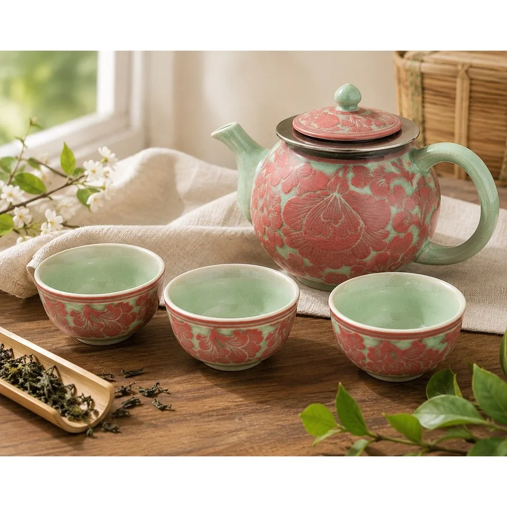 Gianna Tea Set Floral Relief Ceramic Asian Inspired Teapot 3 Cups